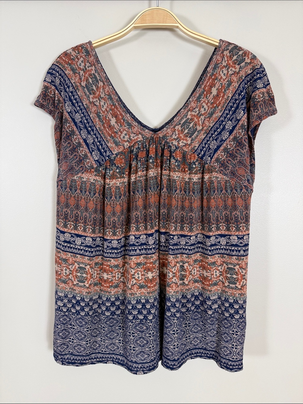 Lucky Brand V-Neck Boho Tunic in Rust and Navy